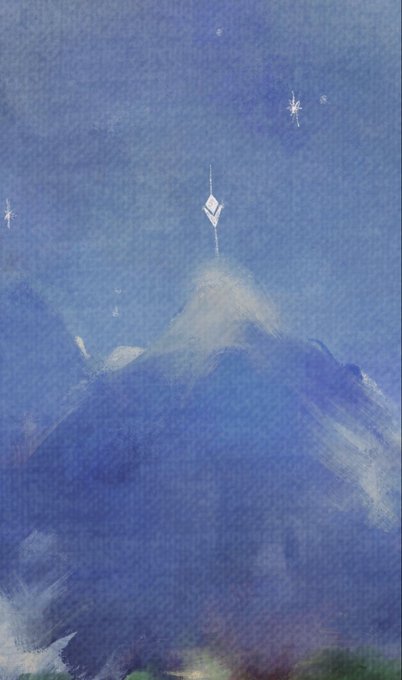 A digital painting depicting a blue mountain peak with a white Ethereum (ETH) logo flag planted at its summit, set against a starry blue sky.