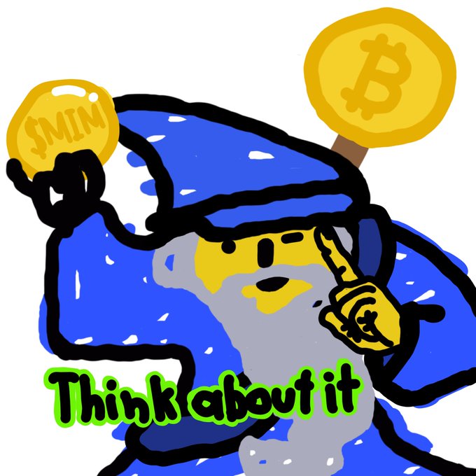 A cartoon illustration depicts a blue character wearing sunglasses holding an 'SMIN' coin, with a Bitcoin logo floating above and the text 'Think about it' in green at the bottom.