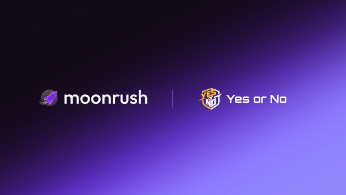 A promotional graphic on a purple gradient background showing the 'moonrush' logo on the left and a 'Yes or No' logo on the right, separated by a vertical line.