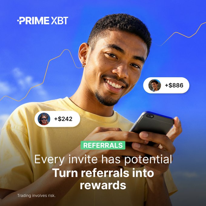 A young man smiles while using his phone against a blue sky backdrop featuring an upward stock chart, with PrimeXBT's referral program displayed showing earnings of "+$242" and "+$886" from invited traders. The promotional graphic emphasizes turning referrals into rewards with the tagline "Every invite has potential."