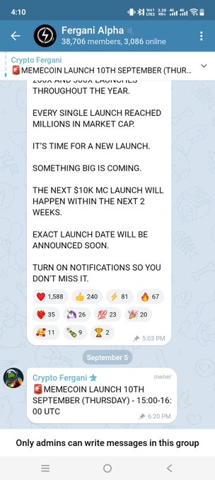 A Telegram chat screenshot from 'Fergani Alpha' announcing the 'MEMECOIN LAUNCH 10TH SEPTEMBER' for 'Crypto Fergani'.