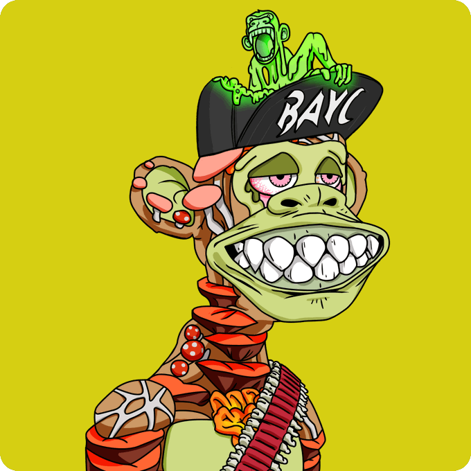 A Bored Ape Yacht Club (BAYC) NFT illustration showing a green cartoon ape wearing a black cap with 'BAYC' written on it, featuring a smaller green ape on top and a zombie hand emerging from behind, set against a yellow background.