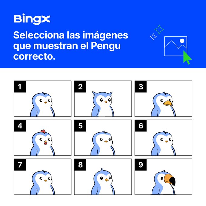 A BingX captcha verification screen in Spanish ('Selecciona las imágenes que muestran el Pengu correcto') showing 9 different penguin illustrations to select the correct ones.