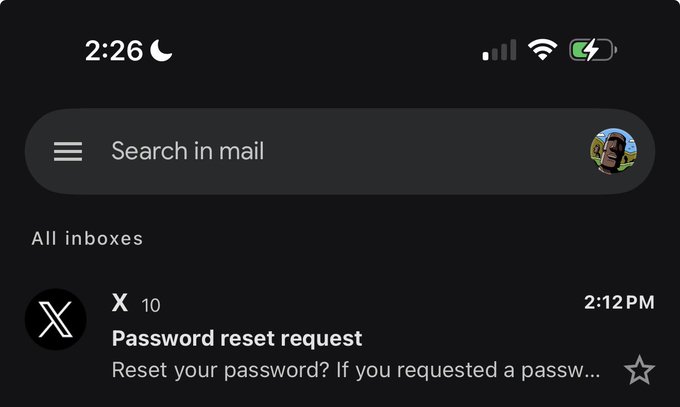 An iPhone mail notification showing a password reset request from X (Twitter) in the inbox.