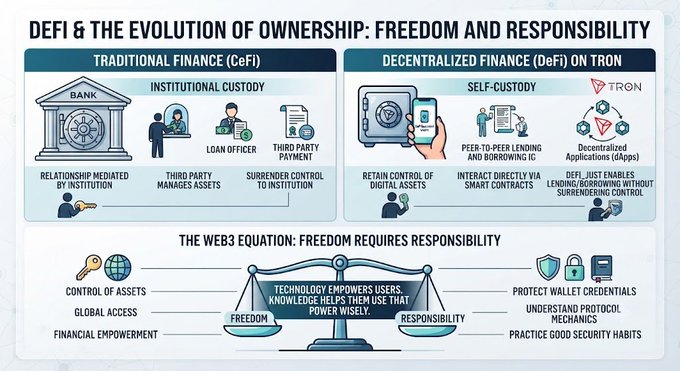 An infographic titled 'DEFI & THE EVOLUTION OF OWNERSHIP: FREEDOM AND RESPONSIBILITY' comparing Traditional Finance (CeFi) and Decentralized Finance (DeFi) on TRON, highlighting the balance between freedom and responsibility through technology.