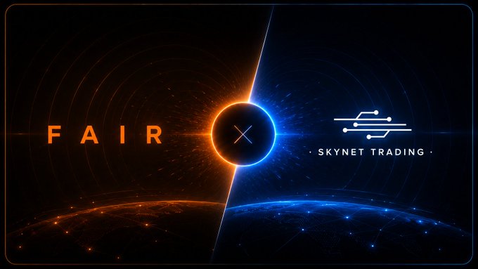 A split-design banner showcasing a "FAIR × Skynet Trading" collaboration, with the orange "FAIR" logo on the left set against a planetary backdrop, meeting the blue "Skynet Trading" branding on the right to visually represent the partnership between the curation entity and the liquidity and trading infrastructure firm.