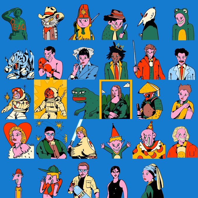 A vibrant 5x5 grid of 25 colorful cartoon-style NFT character illustrations on a blue background, showcasing the diverse "THE MFERS" collection by artist @narcisojuse, featuring various eccentric figures including a frog, cat, warriors, clowns, and Mona Lisa parody in bold line-art style.