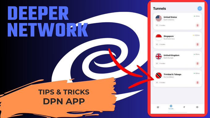 A promotional graphic for the 'DEEPER NETWORK' featuring tips & tricks for the DPN App, showing a smartphone interface with VPN tunnel locations including United States, Singapore, United Kingdom, and Trinidad & Tobago.