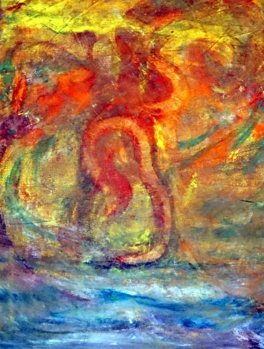An abstract painting with vibrant yellow, orange, red, and green hues on a textured canvas.