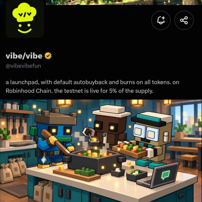 A social media post for 'vibe/vibe' (@vibevibefun) describing itself as 'a launchpad, with default autobuyback and burns on all tokens. on Robinhood Chain,' accompanied by pixel art of robots cooking.