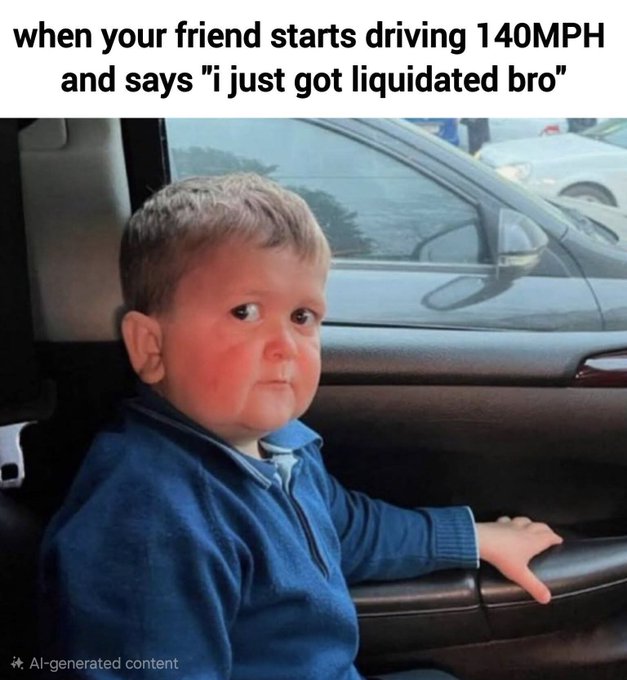 The image shows a young boy sitting inside a car with his arm resting on the door handle. He appears to be looking at something or someone outside of the vehicle. The caption below the image reads, "When your friend starts driving 140 mph and says 'I just got liquified bro'".