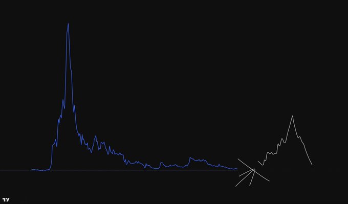 A minimalist chart displaying two price spikes separated by a long flat trough, with a white arrow pointing toward the second spike, paired with commentary forecasting an "altcoin echo" into midterm elections using one of two anticipated chart patterns.
