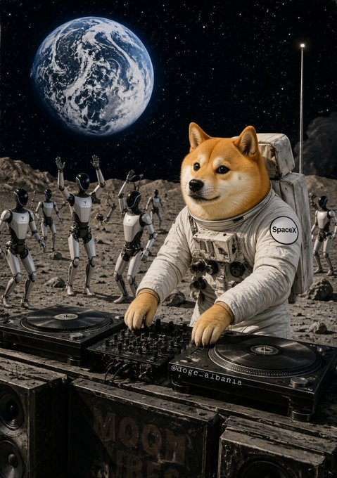 A humorous AI-generated image showing a Shiba Inu dog dressed as an astronaut in a SpaceX suit DJing on a lunar-like surface with Earth visible in the background and robots dancing.