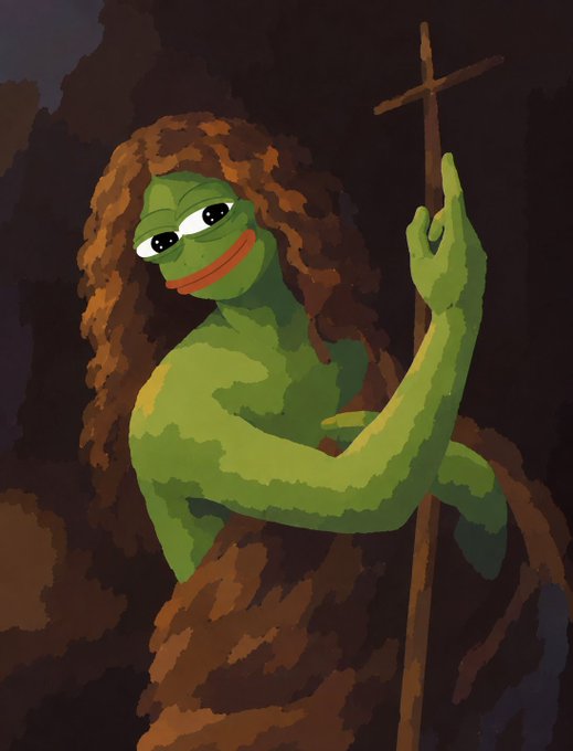 A digital painting depicting Pepe the Frog styled as a religious figure resembling the Creation of Adam, holding a wooden cross and draped in brown hair/robe against a dark background.