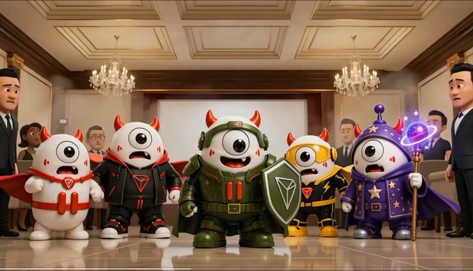 A 3D-rendered scene of five costumed cartoon characters—one-eyed creatures dressed as a devil, military soldier, knight, and wizard—standing in an ornate ballroom with onlookers.