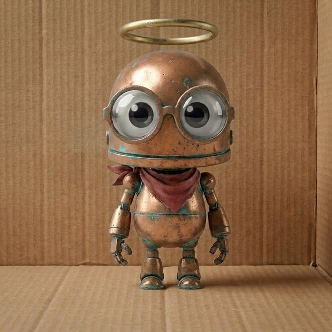 A 3D-rendered copper robot figurine with large round eyes, a halo, and a red bandana, standing against a corrugated cardboard background.