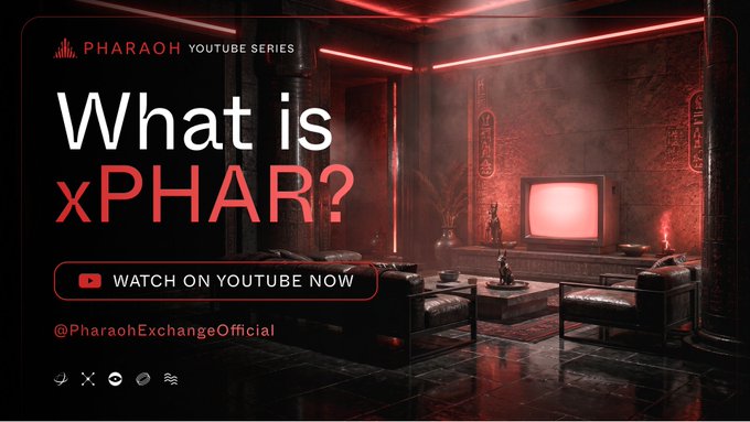 A YouTube thumbnail for 'Pharaoh' series asking 'What is xPHAR?' with a 'Watch on YouTube Now' button and the handle @PharaohExchangeOfficial, set in a dark room with red neon lighting.