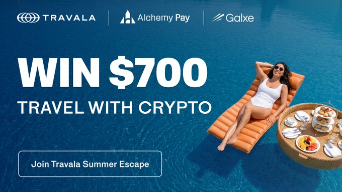 A promotional giveaway banner featuring a woman in a white swimsuit lounging on an orange float in a pool, with logos for Travala, Alchemy Pay, and Galxe at the top. The ad announces "WIN $700 TRAVEL WITH CRYPTO" alongside a "Join Travala Summer Escape" call-to-action, directly supporting the post about the $700 giveaway collaboration between Travala and Alchemy Pay on Galxe.