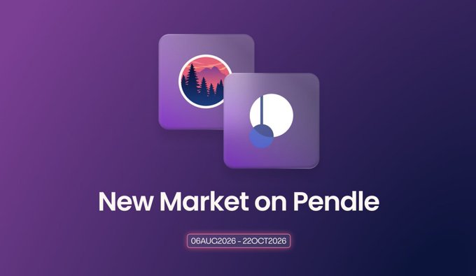 A promotional graphic with a purple gradient background displaying two app icons and text reading 'New Market on Pendle' with dates '06AUG2026 - 22OCT26'.