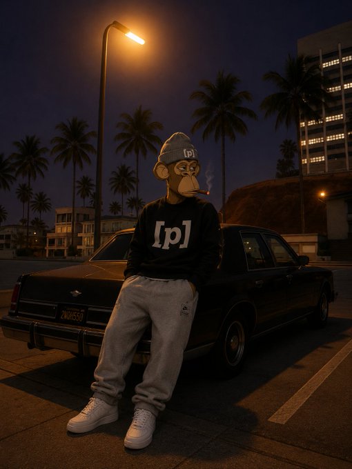 A monkey-headed character wearing a beanie and a black '[p]' sweater sits on the back of a black car at night, smoking a cigarette, with palm trees and a city building in the background.