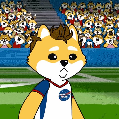 ikura, a Shiba Inu dog, stands on a soccer field with a crowd of fans and a blue sky backdrop.
