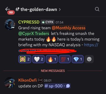 The image shows a Discord message in the "#the-golden-dawn" channel from user CYPRESSD (CYPX) at 07:54, promoting "Grand rising team @Monthly Access @CyprX Traders" with a message stating "let's freaking smash the markets today" and referencing their morning briefing and a NASDAQ analysis (link partially redacted). Below it, user "KikonDefi" posted at 08:01 with an "update on DP #sp-500."

The image supports the post's claim by showing that the "Morning Briefing" is actively being shared and promoted within the community, with the original Discord message referencing the briefing and tagging paying members who would receive it.