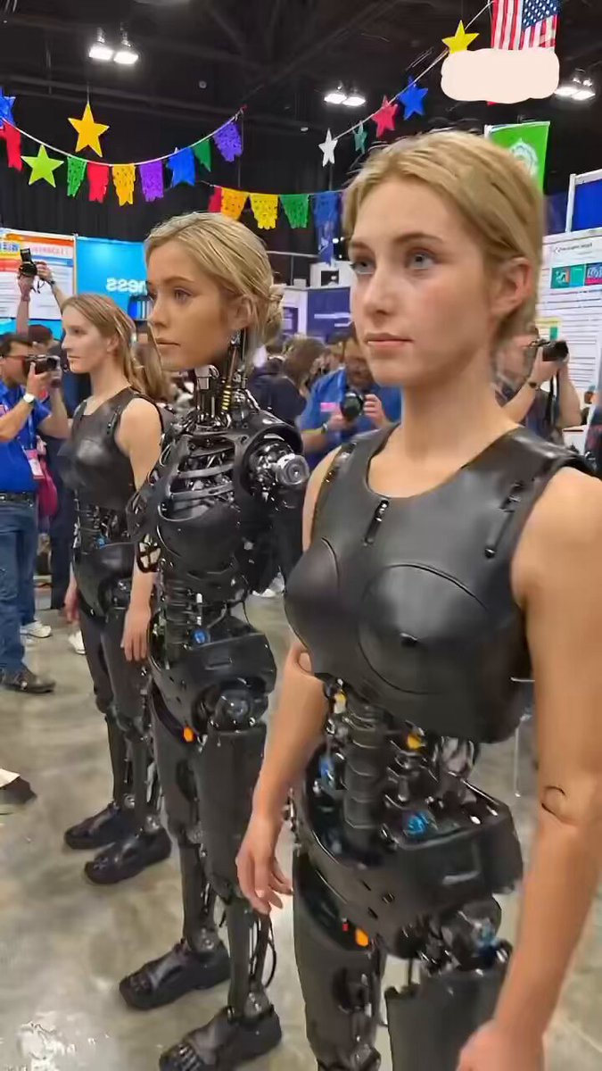 The image features a group of people wearing black bodysuits with metal parts, possibly resembling robot suits or cyborg costumes. The people are standing next to each other, posing for a photo. In the background, there's a banner that says "钢铁柔情". This suggests that they might be at an event related to robotics, technology, or futuristic fashion.