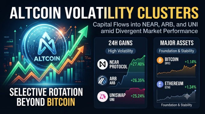 An infographic titled 'ALTCOIN VOLATILITY CLUSTERS' showing capital flows into NEAR (+27.40%), ARB (+26.35%), and UNI (+25.24%) amid major assets Bitcoin (+1.14%) and Ethereum (+1.34%), labeled 'Selective Rotation Beyond Bitcoin.'