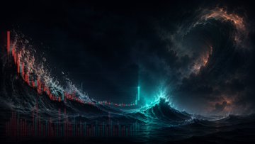 Dramatic dark digital artwork depicting massive ocean waves at night, with a glowing teal-green light rising from the center and reddish hues illuminating the left wave.