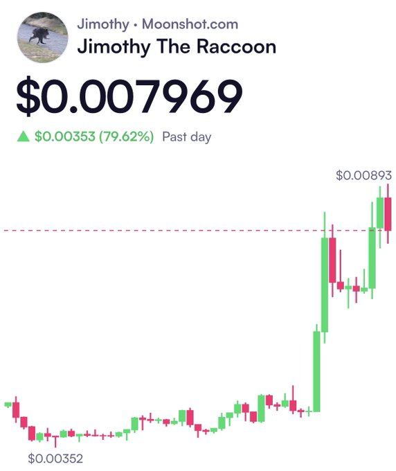 A candlestick chart of the meme coin "Jimothy The Raccoon" (ticker: $Jimothy) on Moonshot.com shows a dramatic price surge from a low of $0.00352 to a current value of $0.007969, with a notable 79.62% gain in the past day reaching a high of $0.00893, illustrating the aggressive upward momentum referenced in the post asking if viewers are "positioned yet."