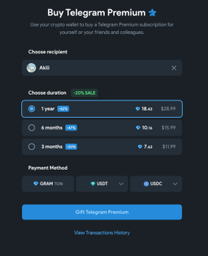 The image shows a Telegram Premium purchase page on fragment.com, displaying a recipient named "Akiii," duration options (1 year at 18.42 TON/$28.99, 6 months at 10.14 TON/$15.99, 3 months at 7.62 TON/$11.99), and payment methods including GRAM, USDT, and USDC. This directly corresponds to the post's tutorial, illustrating the low-cost TON payment method for buying a 1-year Telegram Premium subscription at approximately $28.