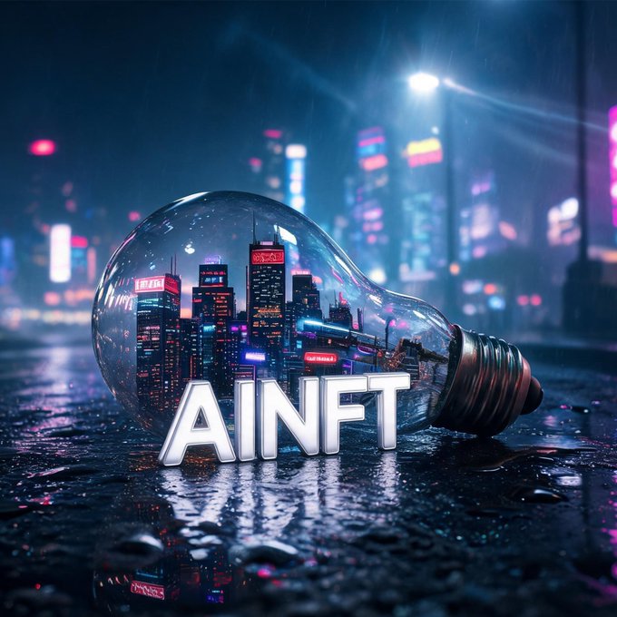 A digital artwork showing the text 'AINFT' in front of a glass lightbulb containing a glowing cyberpunk cityscape at night, sitting on a wet street.
