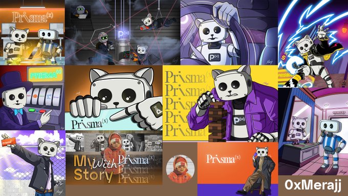 A collage of various illustrated mascot characters in different scenes, including one labeled 'Prisma' and another 'OxMerajii', showing the mascot in various costumes and settings.