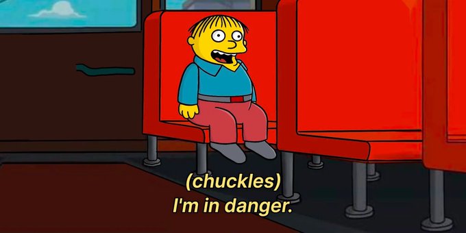 Ralph Wiggum sits on a bus with a worried smile, with the caption "(chuckles) I'm in danger." The image humorously captures the nervous anticipation of Korean investors waiting for the KOSPI stock market to open, their cheerful optimism masking underlying anxiety about market volatility.