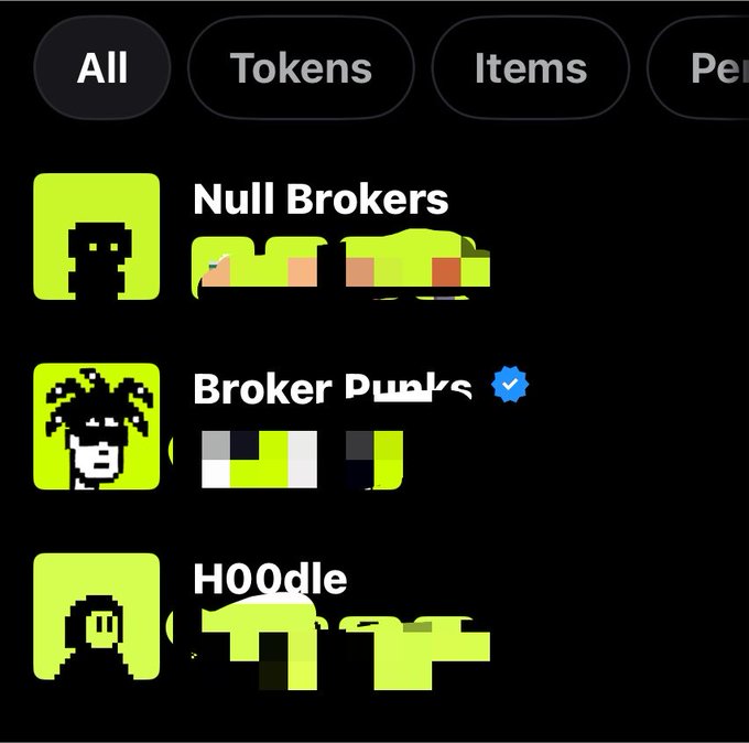 A dark-themed UI shows three crypto projects—"Null Brokers," "Broker Punks" (verified), and "HOOdle"—all branded in green, aligning with the bullish sentiment of the post.