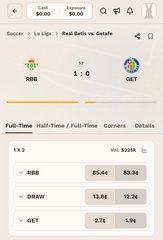A sports betting app showing full-time odds for a La Liga match: Real Betis vs. Getafe, with RBB at 65.4¢/83.3¢, DRAW at 13.8¢/12.2¢, and GET at 3.7¢/1.5¢.