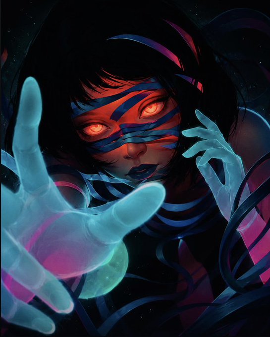 The image features a woman with blue eyes wearing a mask that covers her face, giving her an eerie appearance. She has long hair and is holding out her hand towards the viewer. The background of the image is dark and filled with stars, creating a mysterious atmosphere. There are also words written in the corner of the image, which seem to be related to Bitcoin or cryptocurrency.