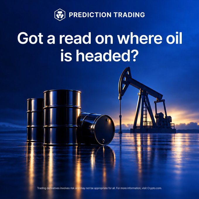 This ad for Prediction Trading on Crypto.com features a dramatic nighttime scene with oil barrels stacked on the left and a pumpjack silhouetted against a sunset on the right, accompanied by the text "Got a read on where oil is headed?" The image visually reinforces the post's invitation to trade predictions on crude oil price movements amid geopolitical tensions and market shifts.