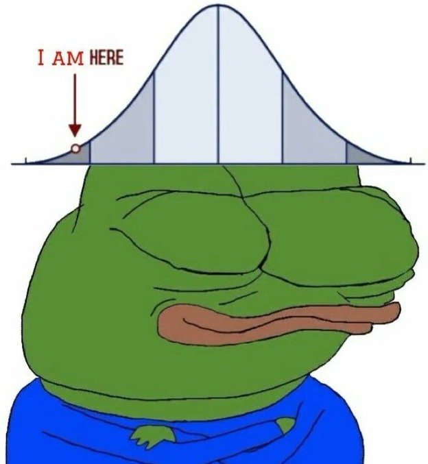 A "Hopeless" Pepe the Frog meme featuring a normal distribution bell curve above him with an arrow pointing to the far left tail labeled "I AM HERE," humorously indicating he is at an extreme statistical outlier.