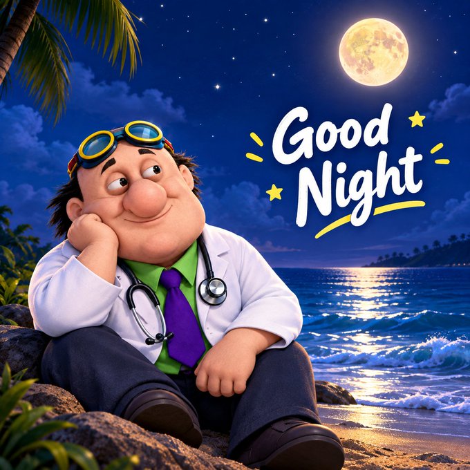 An animated-style illustration of a doctor with goggles on his head relaxing on a beach at night under a full moon, with 'Good Night' text.