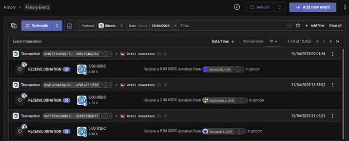 A web interface for a Gitcoin protocol showing a history of "Rotki donations" with various received USDC donation transactions.