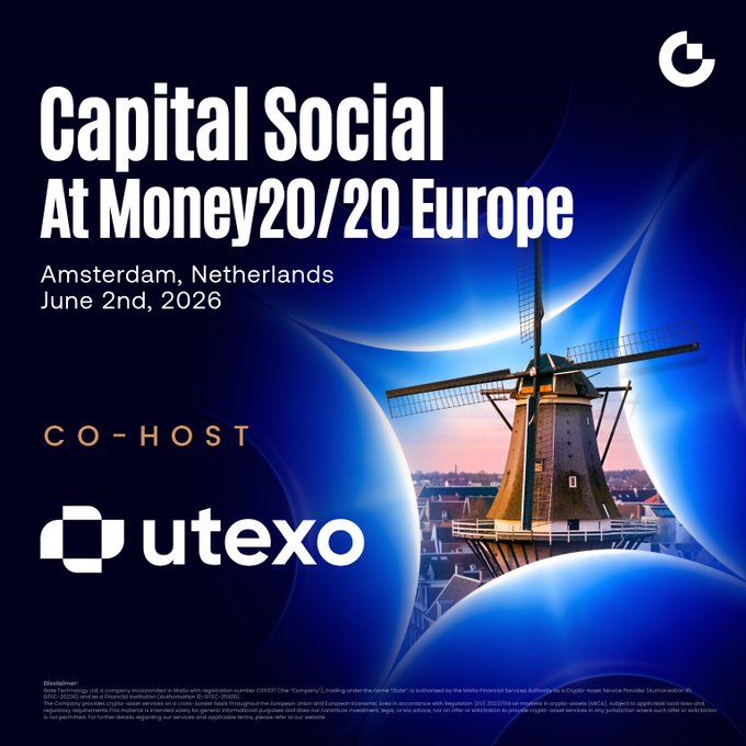 The image features a large blue windmill, which serves as the centerpiece of an advertisement for Capital Social at Money20/20 Europe. The text above the windmill reads "Capital Social At Money20/20 Europe", indicating that this event is related to financial matters and taking place in Europe. Below the windmill, there are two lines of text: one reading "Co-Host" and another stating "Utexo". These phrases suggest that the advertisement may be promoting a company called Utexo or a similar service related to cryptocurrency payments for institutions and OTC desks. The image also includes a photo of a city skyline, which further emphasizes the European theme of the event.