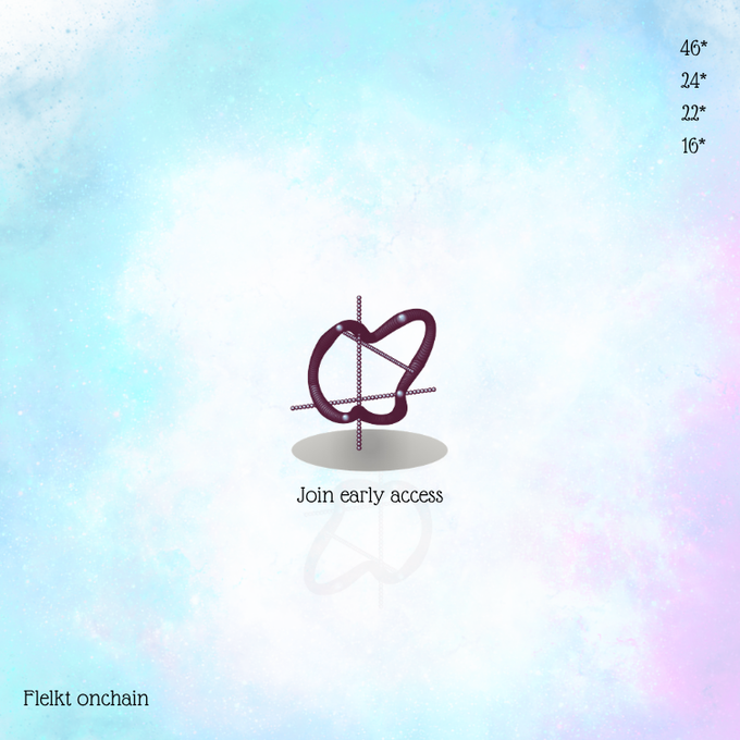 The image presents an abstract graphic design featuring a geometric shape that appears to be a knot or a tangled mess, with its reflection showing as part of the image. Above this composition, there's text in white font providing details about the post, such as the name "Onchain" and what it is related to, which is a post about joining early access on an Ethereum network, specifically focusing on the Flekt chain. This seems to be a promotional or informational piece.