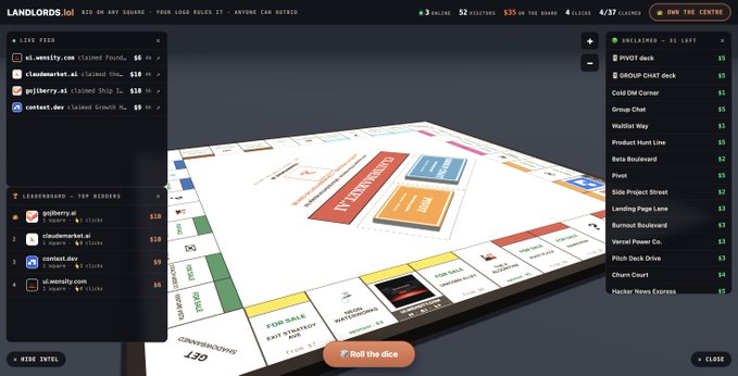 A screenshot of the LANDLORDS.lol multiplayer Monopoly-style board game interface showing the live feed, leaderboard, and board with available rolls.