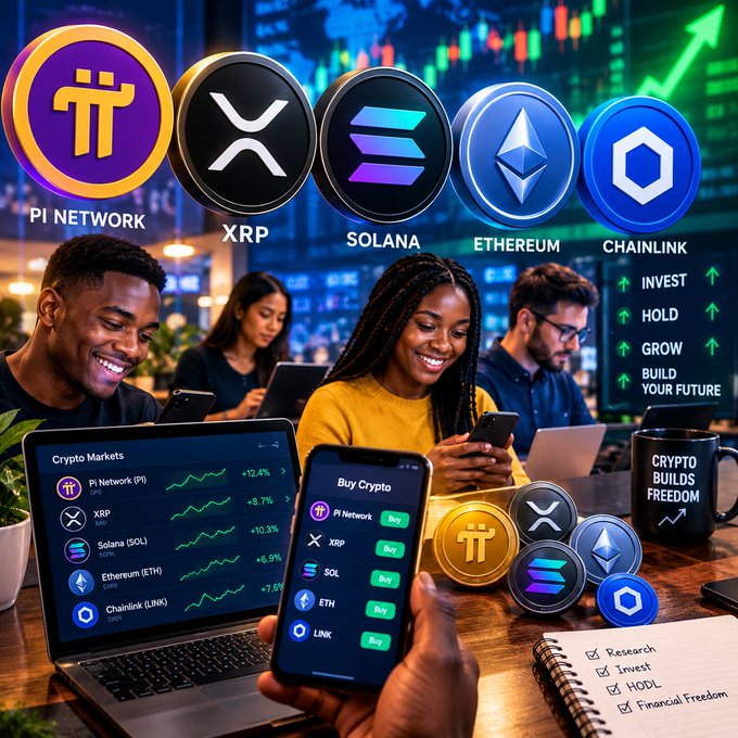 A promotional crypto graphic showing people trading on laptops and phones, with logos for Pi Network, XRP, Solana, Ethereum, and Chainlink displayed prominently, alongside a mug reading 'CRYPTO BUILDS FREEDOM.'