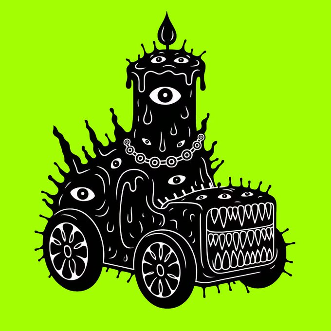 An illustration of a black, surreal candle-shaped creature with multiple eyes riding in a spiked vehicle on a bright green background.