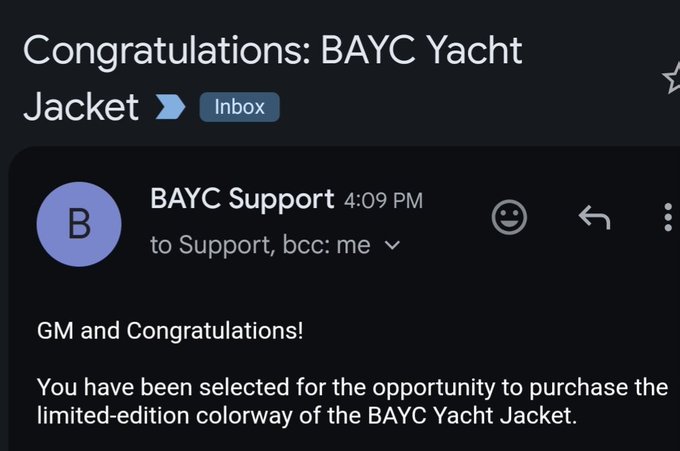 An email screenshot titled 'Congratulations: BAYC Yacht Jacket' from BAYC Support saying the recipient has been selected to purchase the limited-edition colorway of the BAYC Yacht Jacket.