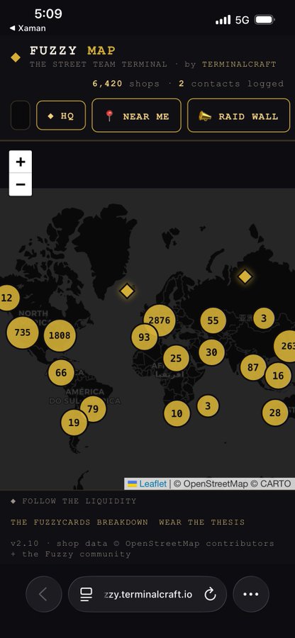 The image shows the “FUZZY MAP” TerminalCraft street-team dashboard, reporting “6,420 shops · 2 contacts logged” and global shop counts such as 2,876, 1,808, 735, and 93. Its worldwide distribution markers illustrate the post’s message of a unified merchant network binding Fuzzy Cards, holders, and shops into one coordinated system.