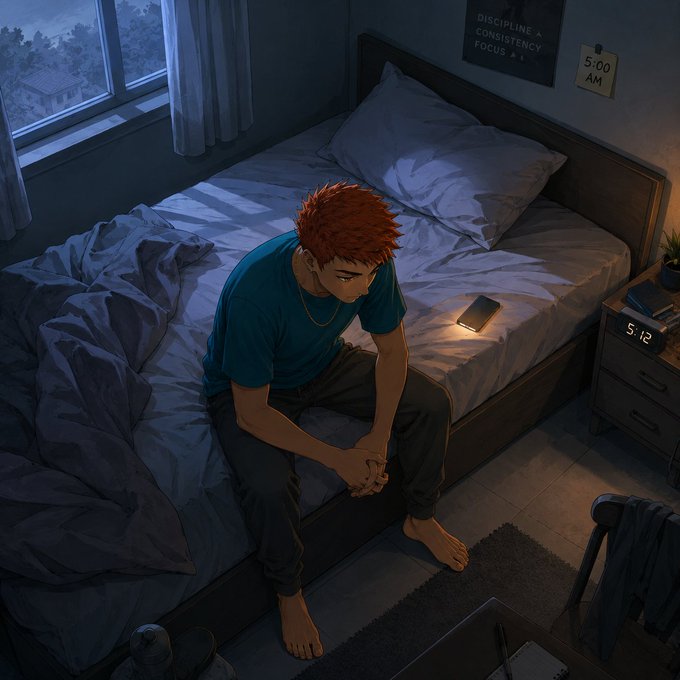 An anime-style illustration of a young man with spiky red hair sitting on the edge of his bed in a dimly lit room, looking down with his hands clasped; a motivational poster reads 'DISCIPLINE CONSISTENCY FOCUS', and a digital clock shows 5:12 AM.