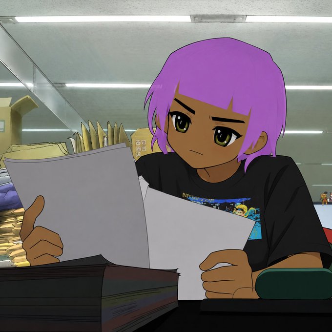 An anime-style illustration of a person with purple hair and a black t-shirt holding papers and looking at documents on a desk.